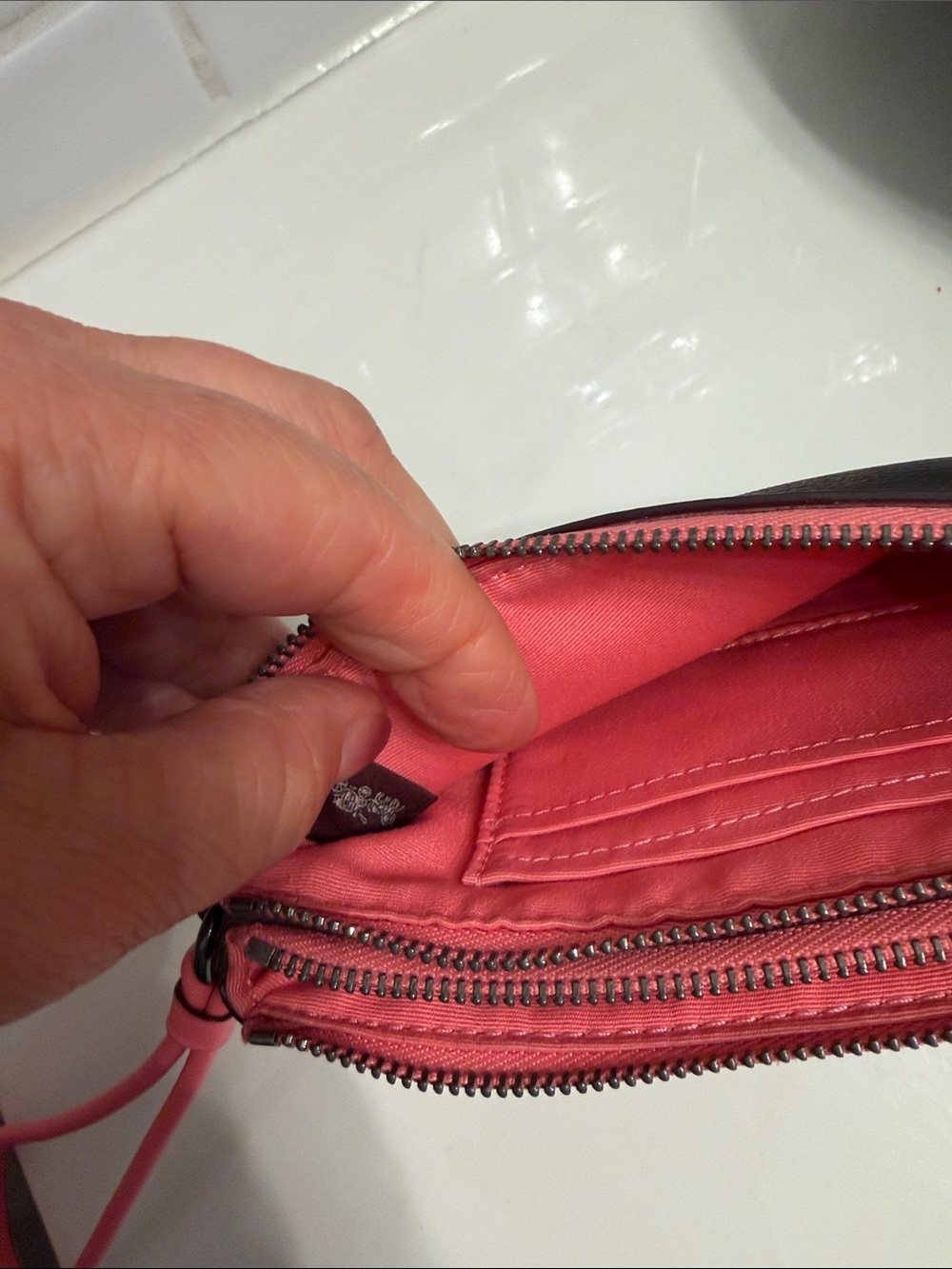 Coach Brown Signature Double Zip Wristlet with Pink Strap - Picture 9 of 10